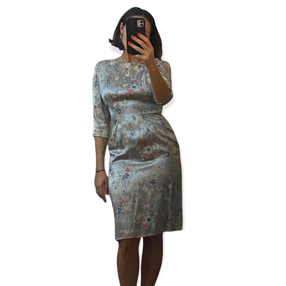 Vintage 1960s Silk Satin Dress Sheath Devoré Floral Medium - Picture 2 of 8